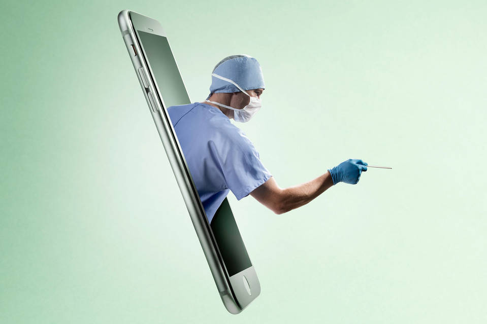 A surgeon coming out of a smartphone