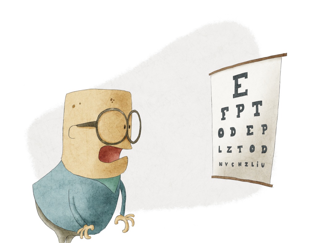 Man trying to see letters on a eyesight test chart