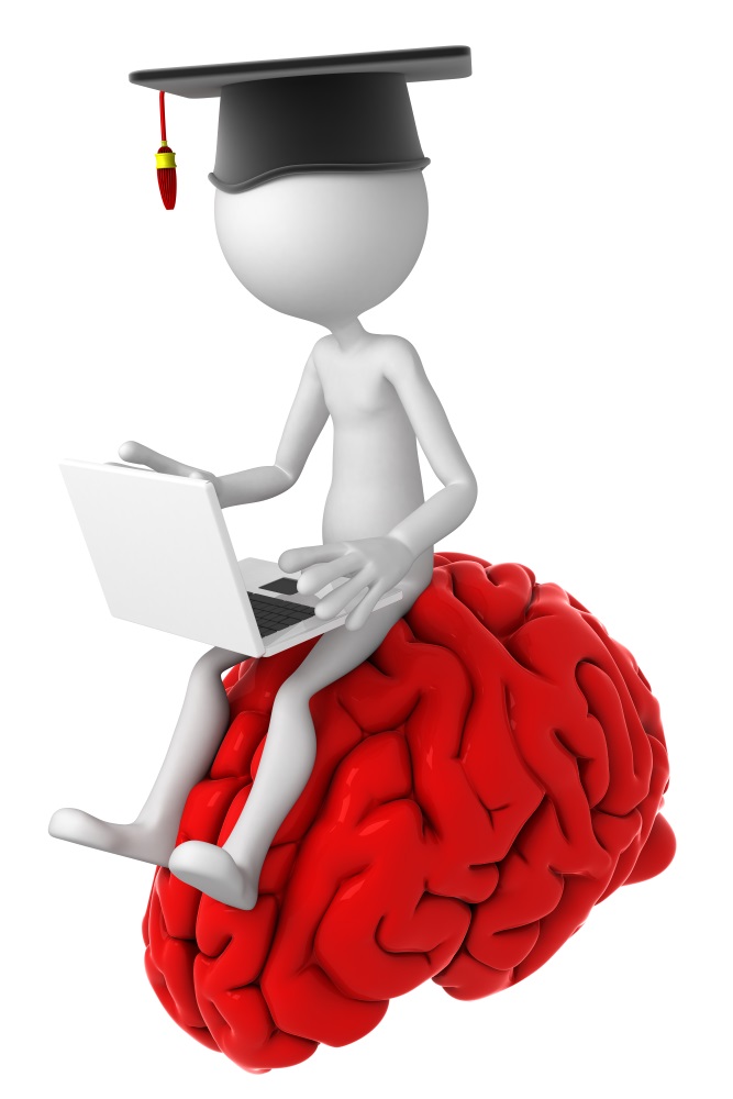 Student with laptop sitting on top of the brain